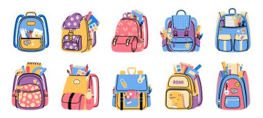Bags with school supplies. Cartoon elementary school accessories in colorful backpacks with pockets and zips. Vector cute elementary school education equipment set of bag with supplies illustration