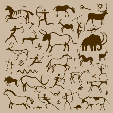 Cave art. Hand drawn primitive ancient symbols of prehistoric hunters animals plants, history and anthropology drawing. Vector isolated set of ethnic history ancient civilization illustration clipart