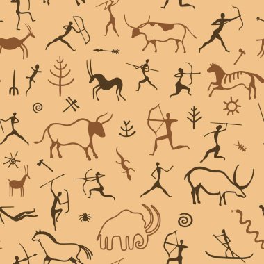 Cave painting pattern. Seamless print of primitive ancient drawing of hunting men, prehistoric animals and patterns. Vector ornamental texture of painting primitive background illustration