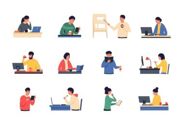Office snack. Cartoon men and women eating at work in front of laptop and computer, office lunch and remote work disadvantage. Vector illustration of characters have lunch. Office character and snack