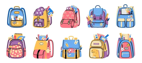 Bags School Supplies Cartoon Elementary School Accessories Colorful Backpacks Pockets — Archivo Imágenes Vectoriales