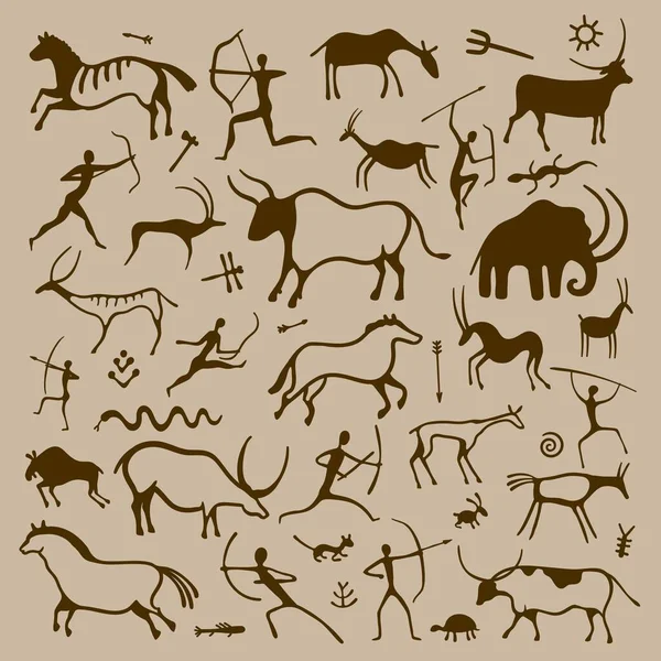 Cave Art Hand Drawn Primitive Ancient Symbols Prehistoric Hunters Animals — 图库矢量图片