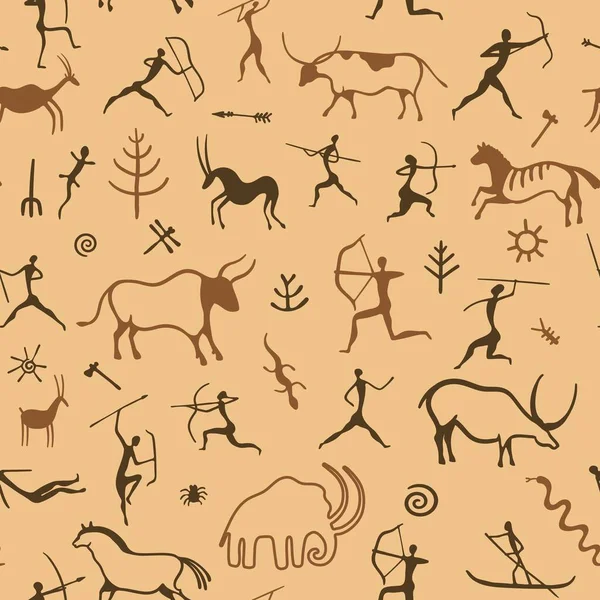 Cave Painting Pattern Seamless Print Primitive Ancient Drawing Hunting Men — 图库矢量图片