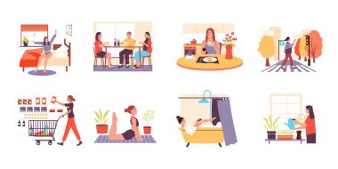 Woman everyday life. Cartoon girl daily routine scenes, female person shopping, have lunch, spending time friends, relaxing and doing yoga. Vector isolated set of daily everyday character illustration