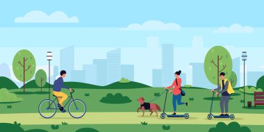 Active people healthy lifestyle rest in park. Illustration of summer activity outdoor, bicycle cartoon vector
