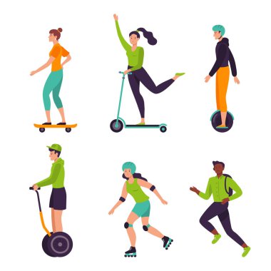 Active people man and woman healthy lifestyle, riding scooter. Vector character girl on scooter, lifestyle activity and ride person illustration