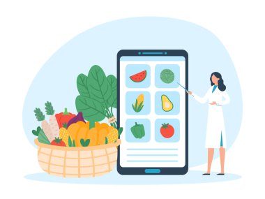 Diet plan online app, healthy food vegetables. Food nutrition diet, app online healthy illustration