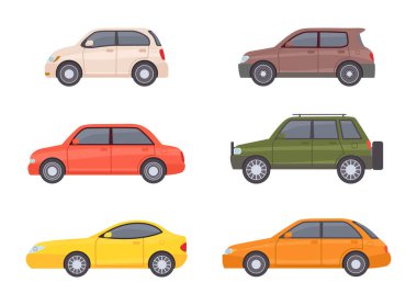 Flat cars sedan collection view of side. Vector auto vehicle transportation, automotive hatchback, urban and compact illustration