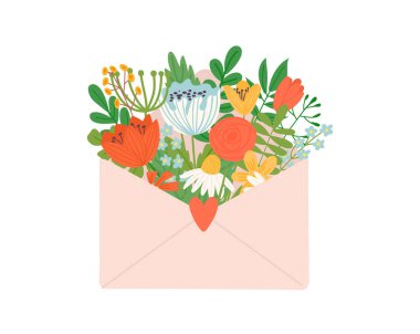 Flower in letter mail, present and gift. Vector gift mail to greeting illustration. Romantic valentine message