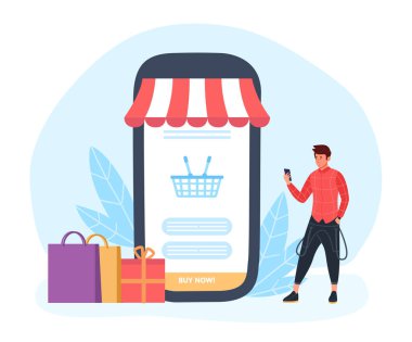 Online shopping, man choosing item in smartphone. Vector shop online, buy in internet, technology mobile store illustration