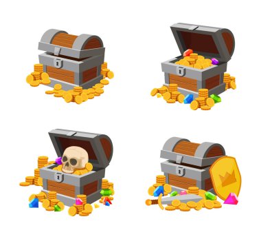 Open and closed chests with treasure gold. Vector gold box treasure, chest open with pirates wealth coin illustration
