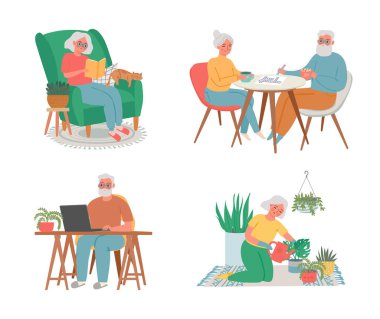 Senior men at home doing hobby planting and reading. Vector senior hobby retired, aged playing time illustration