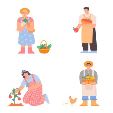 Working farmers, seeding and growing, collect harvest. Vector farmer agriculture organic, harvest and crop, growing farming illustration