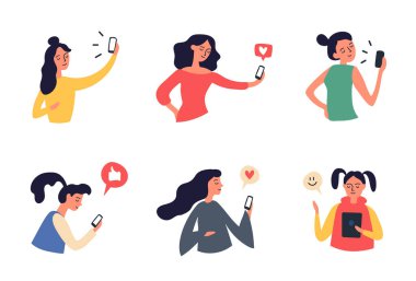 Young people using social media sites, selfie, chatting and surfing. Vector mobile smartphone technology, woman in social media illustration