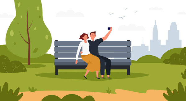 Couple taking selfie with smartphone outdoors in park. Vector couple selfie in park illustration