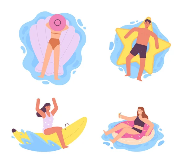 Flat People Inflatable Air Mattresses Swimming Rings Vector Resort Woman — 스톡 벡터
