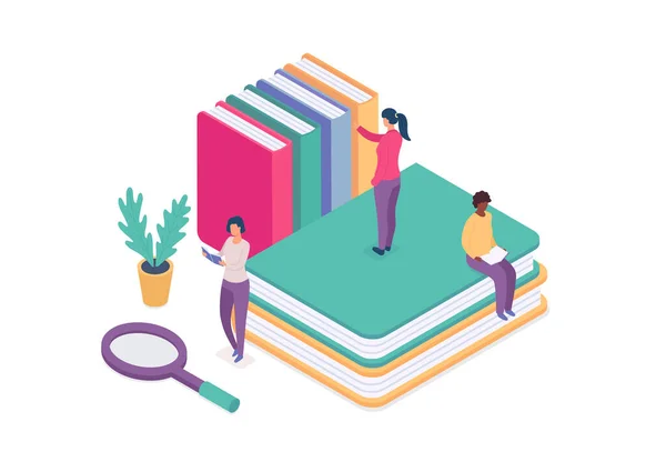 Isometric Online Library Concept People Education Book Vector Library Online — Stok Vektör