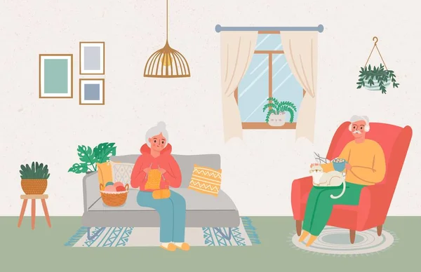 Old People Stay Home Own Hobby Vector Elderly Adult Illustration — Stockvektor