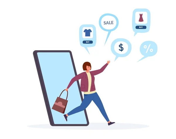 Online Shopping Smartphone App Shopper Woman Run Vector Smartphone Shop — Stok Vektör
