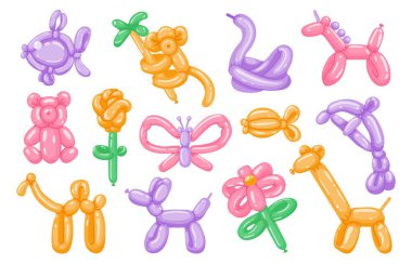 Cartoon balloon toys. Wild animals and pets round colorful symbols, cute children birthday party decoration. Vector snake dog monkey fish balloons collection. Festive helium camel, giraffe and dolphin