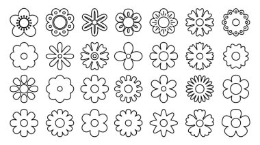 Line flower symbols. Simple geometric daisy and chamomile abstract symbols, different shapes of flowers logo. Vector thin outline decorative elements set. Various natural plants with petals