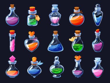 Game potion. Cartoon elixir for strength mana and stamina, love potion poison and antidote in magic phials 2D game UI icon asset. Vector sprite interface elements set. Magic bottles for witchcraft