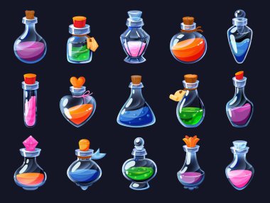 Game potion. Cartoon elixir for strength mana and stamina, love potion poison and antidote in magic phials 2D game UI icon asset. Vector sprite interface elements set. Magic bottles for witchcraft