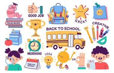School stickers. Abstract bundle of stationery supply, cartoon daily routine planner sticker pack, colored education book reminder badges. Vector set. Boy and girl pupils with accessories for learning