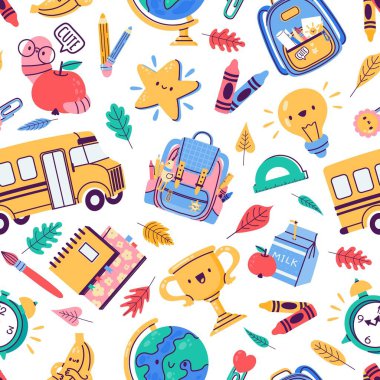 School badges pattern. Seamless print of education stationery supplies, cute colorful weekly planner book stickers. Vector texture illustration. Accessories for learning as backpack, pencils