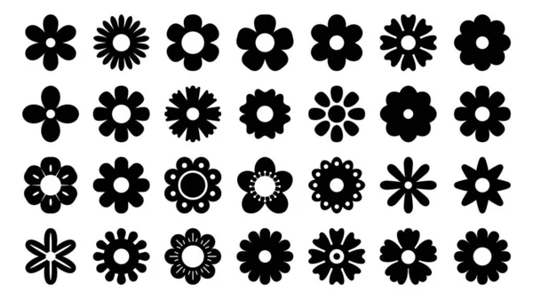 Black Flower Icons Geometric Silhouette Symbols Chamomile Daisy Stylized Floral — Stockvektor