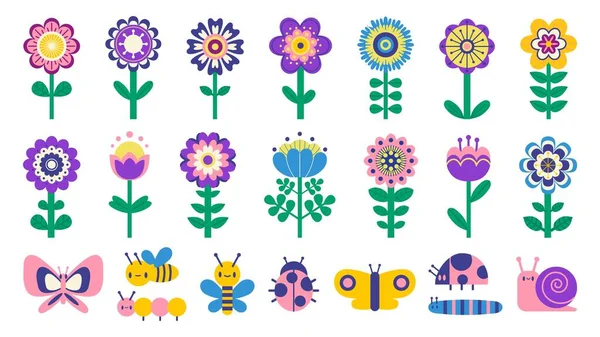 Kids Flowers Butterflies Cute Cartoon Simple Flowers Bugs Children Illustration —  Vetores de Stock