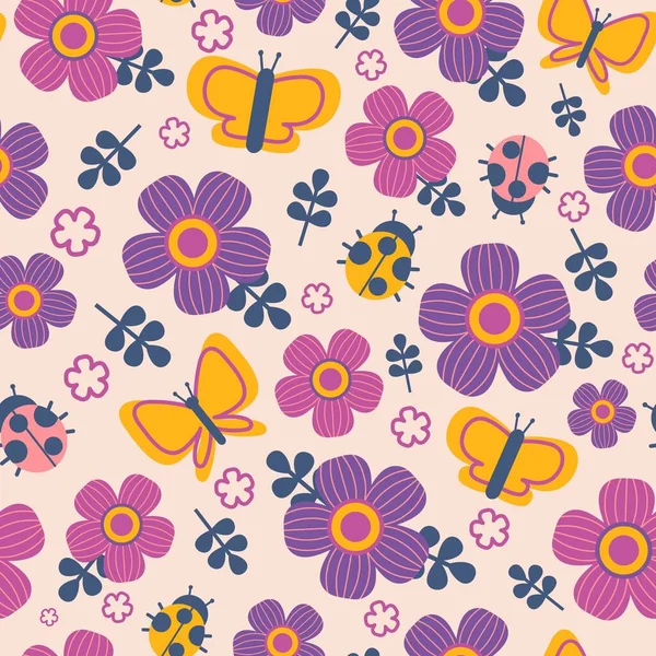 Flowers Butterflies Pattern Seamless Print Cute Cartoon Colorful Simple Elements — Wektor stockowy