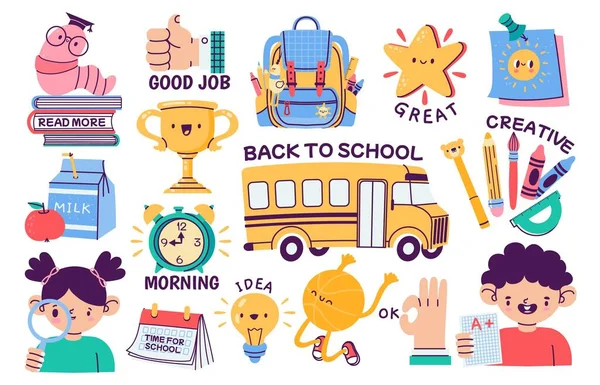 School Stickers Abstract Bundle Stationery Supply Cartoon Daily Routine Planner — Stok Vektör