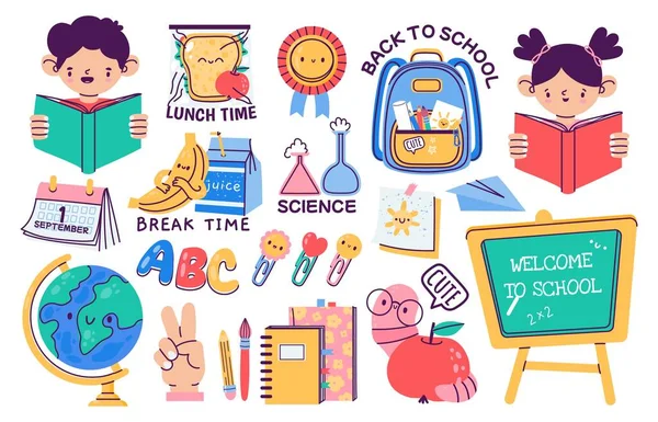 Elementary School Badges Book Stickers Stationery Supply Students Cartoon Flat — Vector de stock