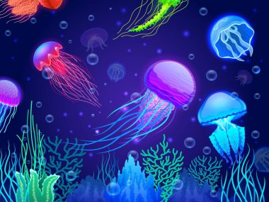 Jellyfish background. Cartoon colorful transparent glowing underwater creatures floating together. Vector colorful poison sea jellyfish animals wallpaper. Fluorescent wild characters among seaweeds