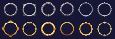 Game circle metal frames. Round textured avatar borders, cartoon empty metallic game asset icons for mobile user interface design. Vector sprite UI set. Silver and gold framing with gemstones