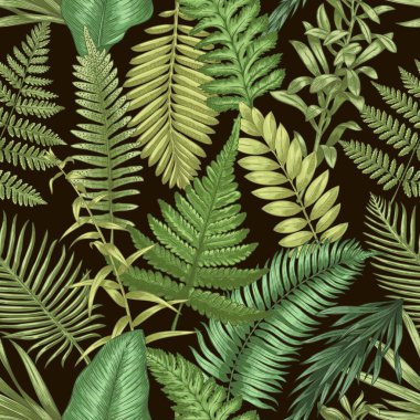 Fern pattern. Seamless print of wild forest plants, hand drawn herbal decorative elements. Vector botanical texture and rural wallpaper. Various natural green foliage for textile design