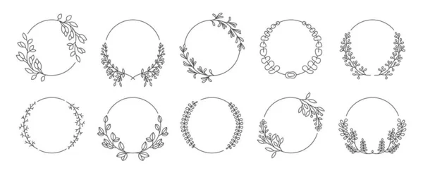 Decorative Floral Frames Line Sketch Laurel Branches Circle Borders Tattoo — Stock Vector