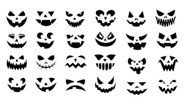 Scary faces. Halloween smiley pumpkin faces, creepy jack lantern with evil ghost expression and angry eyes, horror monster face collection. Vector isolated set. Mysterious silhouette for holiday