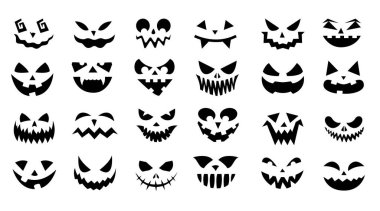Halloween faces. Creepy doodle smiling face expressions with angry eyes for horror posters, evil ghosts and jack lantern faces. Vector isolated set. Holiday celebration spooky symbols