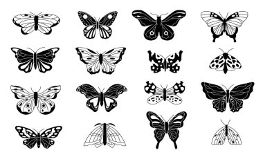 Butterflies silhouettes. Black sketches of flying winged insects, monochrome doodle butterfly contours for tattoo, engraving, decoration. Vector isolated set. Different beautiful wild animals