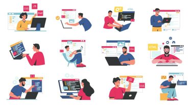 Front end and back end development. Abstract characters working on responsive web design, website app interface, programmers coding and creating software for pc. Vector set. Program engineering