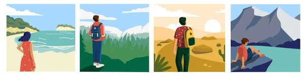 People Looking Landscape Cartoon Travelers Adventurers Enjoying Nature Scenery Looking — Stockvektor