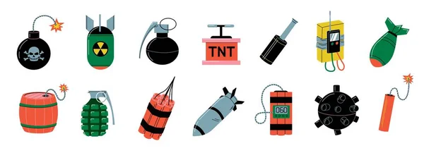 Bomb Collection Cartoon Tnt Explosive Weapon Bombs Dynamite Grenade Missile — Stok Vektör