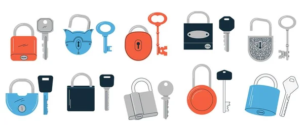 Keys Locks Doodle Vintage Modern Abstract Keys Different Heads Shapes — Stock Vector