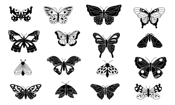Black Butterflies Decorative Butterfly Silhouettes Winged Insect Sketch Elements Tattoo — Stok Vektör