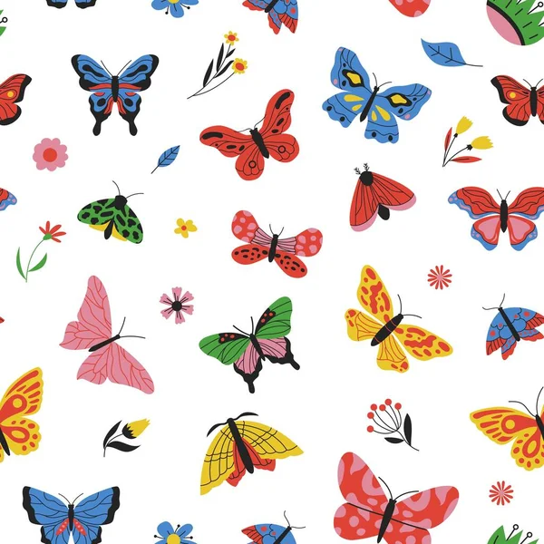 Butterflies Pattern Seamless Print Colored Cartoon Flying Insects Fashion Repeat — 스톡 벡터