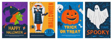 Halloween posters. Abstract art prints scary traditional symbols and text, autumn costume party flyer greeting card design. Vector isolated collection. Trick or treat funny holiday