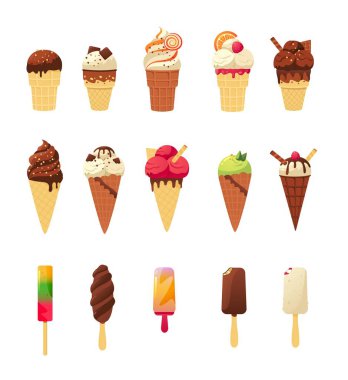 Cartoon ice cream. Cute colorful summer sweet cold dessert of various shapes in cons on sticks with topping and fruits. Vector isolated cold fast food set. Chocolate and vanilla balls in waffle cones