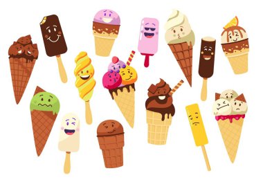 Ice cream character. Cartoon ice pops and frozen fruit ice isolated mascot symbols with cute kawaii faces and happy expression. Vector colorful set. Sweet dessert with smiling faces